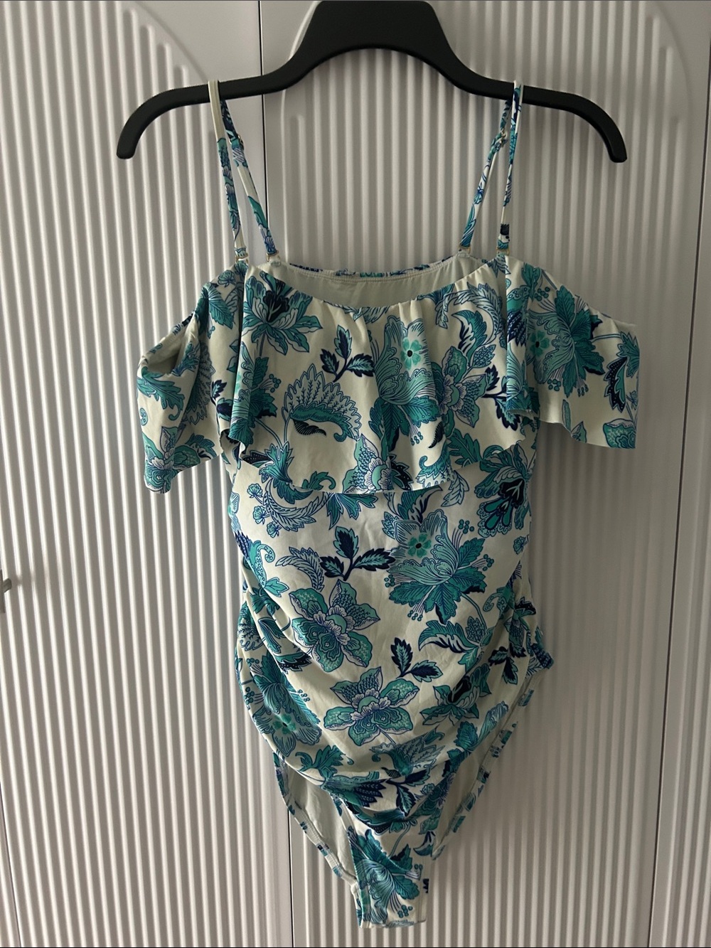 La Blanca Teal Floral Ruffle Off-Shoulder One-Piece